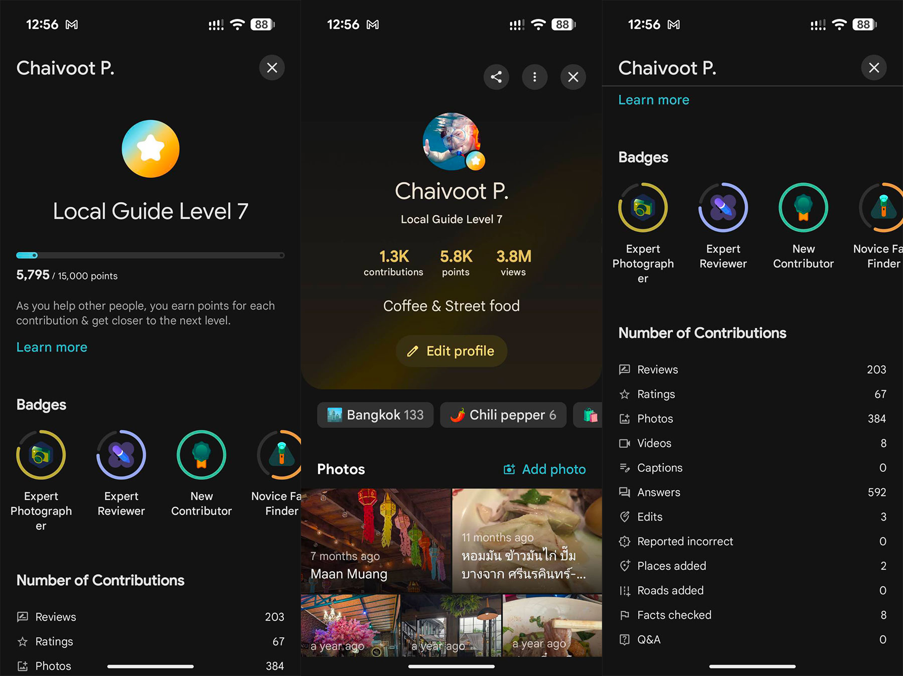โปรไฟล์ Local Guide ระดับ 7 บน Google Maps ของผม — 1.3K contributions, 5.8K points, 3.8M views
