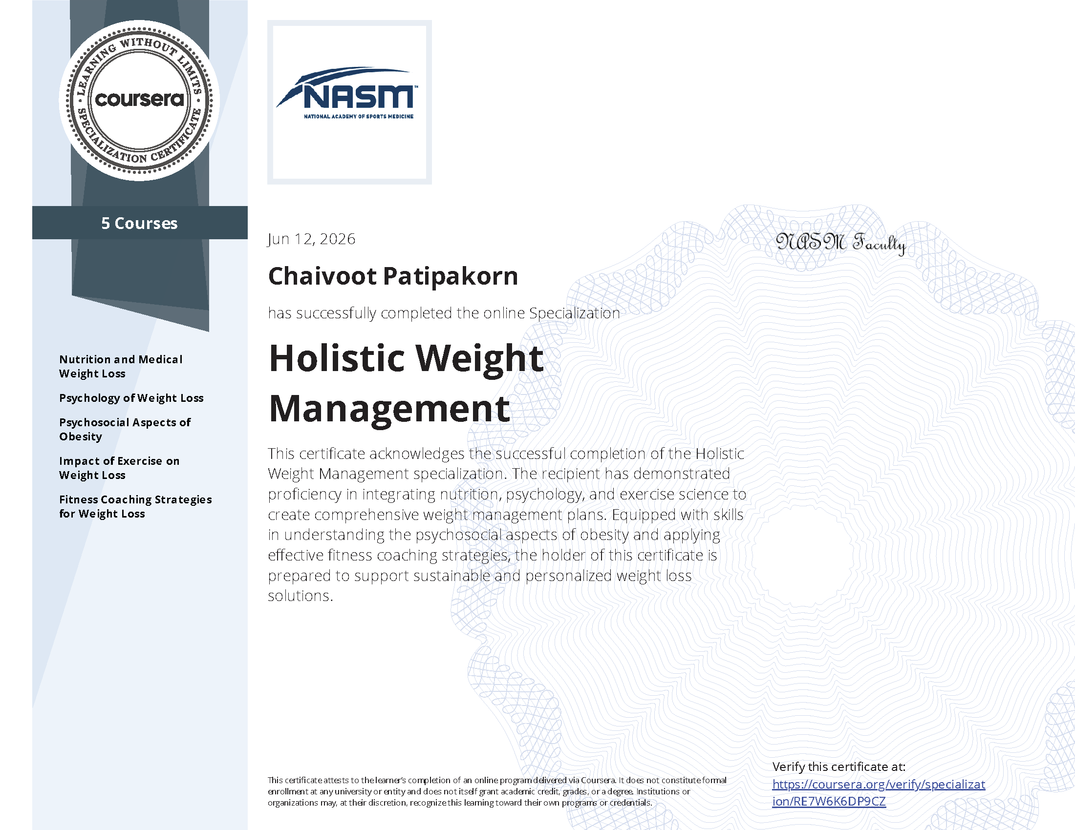 NASM Holistic Weight Management certificate